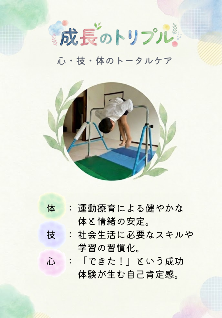 【成長のトリプル】体： 運動療育による健やかな体と情緒の安定。 _技： 社会生活に必要なスキルや学習の習慣化。 _心： 「できた！」という成功体験が生む自己肯定感。
